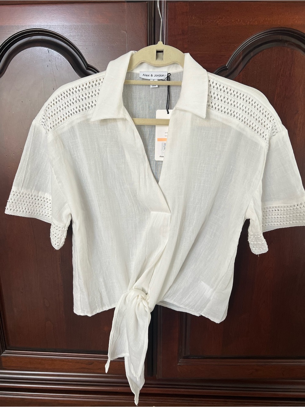 White Crocheted Sleeve Tie-Back Short Sleeve Blouse